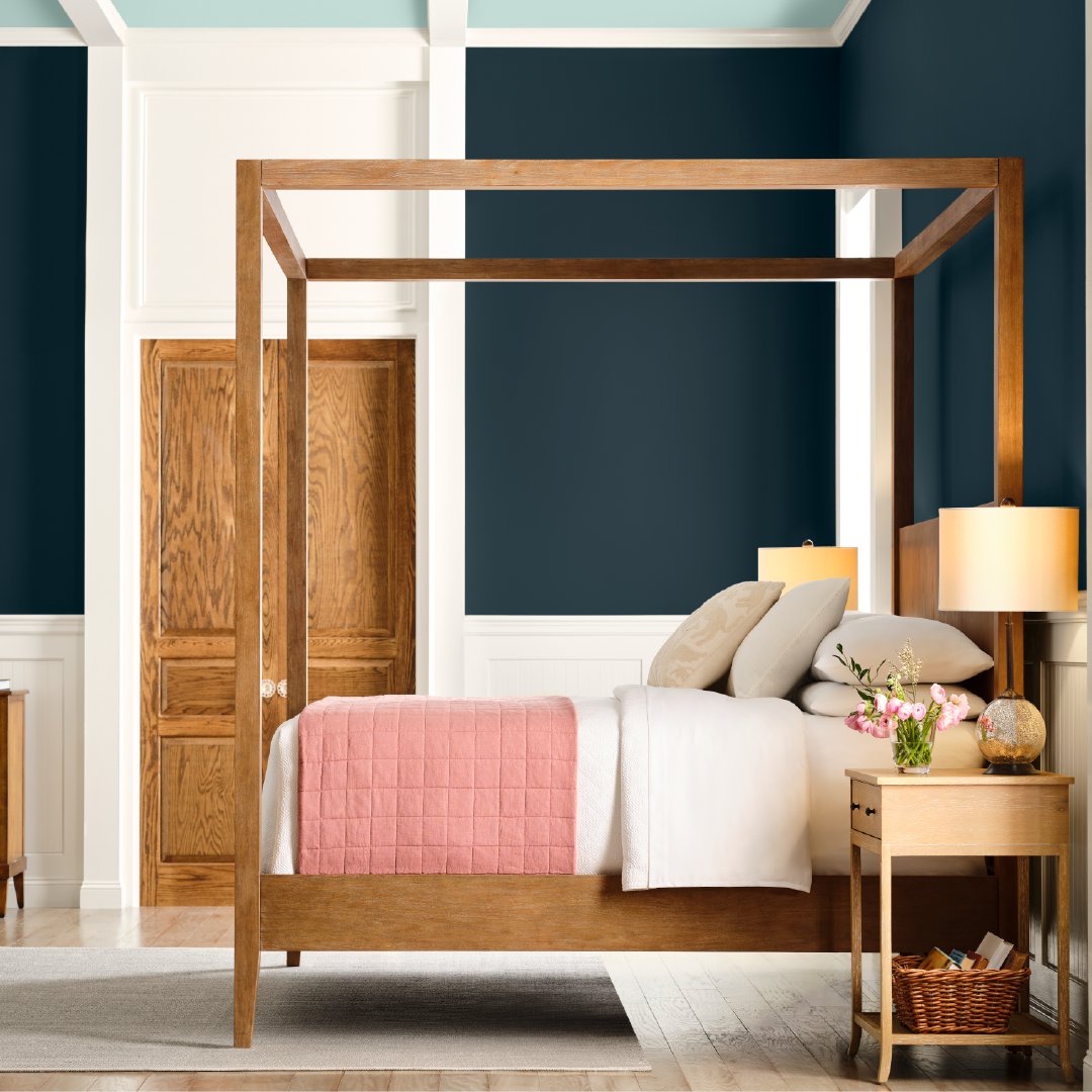 Indigo Batik in a bedroom creates a perfect atmosphere to unwind after a long day and creates a dark and cool atmosphere for a good nights sleep. Get Indigo Batik mixed into any Fleetwood Finish at your local stockist. #fleetwoodpaints #fleetwoodathome #tealpaint #indigo