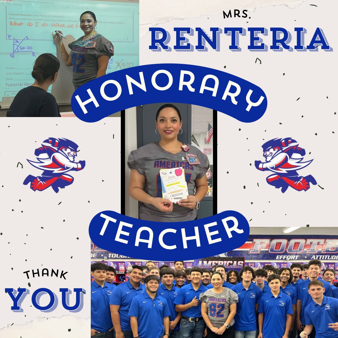 Trail Blazer Football (@blazerfbprogram) on Twitter photo Congrats Mrs. Renteria on being selected for our Honorary Teacher of the week! Thank you for all you do to support our student athletes! Blazer nation is lucky to have you! #PoP #One11 #EAT <a href="/Americas_HS/">Nancy Torres</a> <a href="/Coach_NoeRobles/">Noe Robles</a> Congrats Mrs. Renteria on being selected for our Honorary Teacher of the week! Thank you for all you do to support our student athletes! Blazer nation is lucky to have you! #PoP #One11 #EAT <a href="/Americas_HS/">Nancy Torres</a> <a href="/Coach_NoeRobles/">Noe Robles</a>