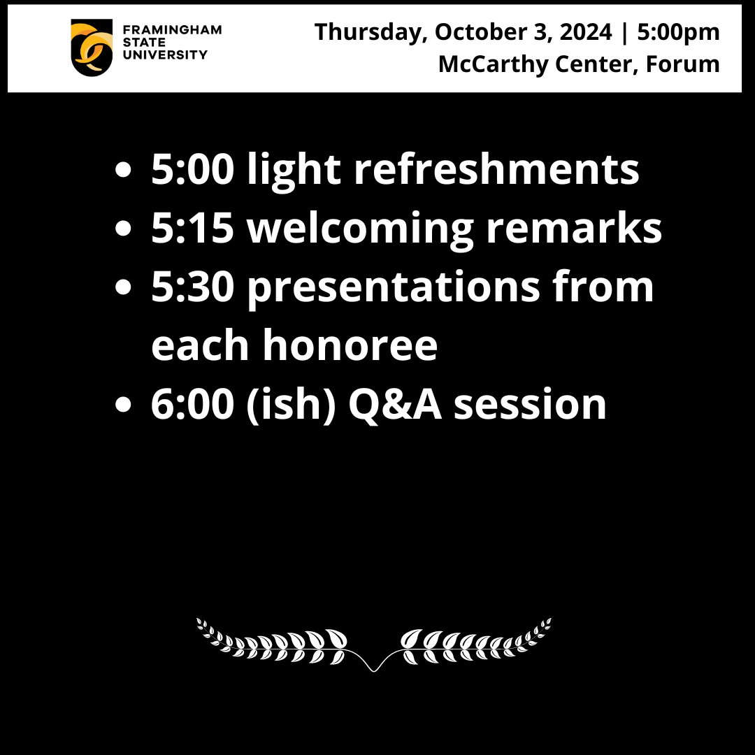 FSUCELTSS's tweet photo. Join us on Thursday, October 3rd at 5pm in the McCarthy Center Forum as we celebrate the 2024 Distinguished Faculty and Librarian recipients! @FraminghamU https://t.co/TgPmLI9iqU
