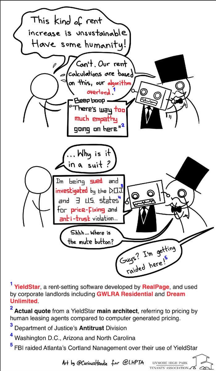 LHPTA_TO's tweet image. #YieldStar, a price-fixing software used in #Canada and the United States, explained by cartoon.

(Kudos to @curioushoodie for this amazing artwork!)

#StopTheLandlordCartel
#RedFlagsForRenters🚩
#HousingCrisis
@YSWtenants @gwlra @DreamUltd