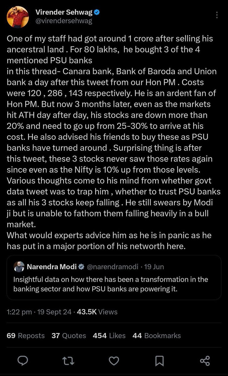 Nher_who's tweet photo. Virendra Sehwag quoted Narendra Modi and criticised him for sharing fudged data that made his friend loose millions.

He then realised he lives in New India and isn’t supposed to do that.

So he Deleted his tweet and posted another ‘Jai Hanuman’ tweet. All is well now 🤦🏾‍♂️ https://t.co/f3x7403Q9H