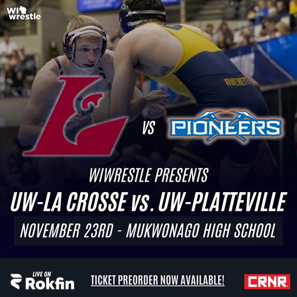 WIwrestle presents UW La Crosse vs UW Platteville a WIAC conference showdown! Live from Mukwonago High School on November 23rd! 

This dual will be broadcasted live the WIwrestle Rokfin page! 

Article link: rokfin.com/article/18111