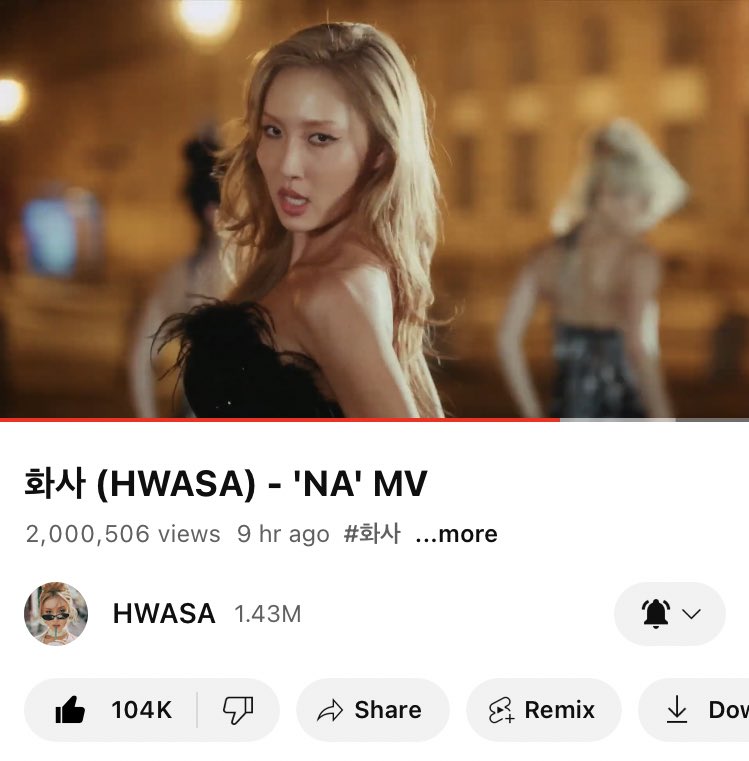 hwasacharts's tweet photo. « NA » has surpassed 2M views and 100k likes 🎊 

✅ 24h Goal: 2M views &amp; 100k likes 
🔐 1st Week Goal: 5M &amp; 250k likes 

#HWASA #화사 https://t.co/L9RIkR5TU8