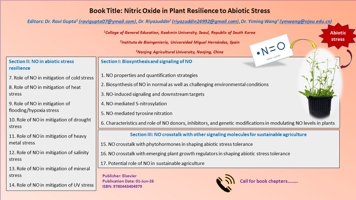 We are currently engaged in the process of editing a book entitled "Nitric Oxide in Plant Resilience to Abiotic Stress," which is being published by Elsevier.
All inquiries and requests for further information are welcome. 🤗 
#elsiver #abiotic #stress #book #nitricoxide #plant