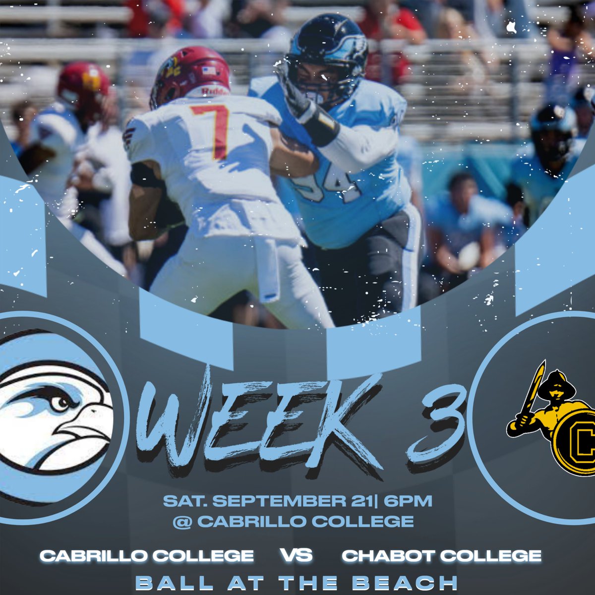 The Hawks are back at Home this week for our Week 3 Matchup vs Chabot College! 
Kickoff is set for 6pm this Saturday at Cabrillo College!
#BallAtTheBeach