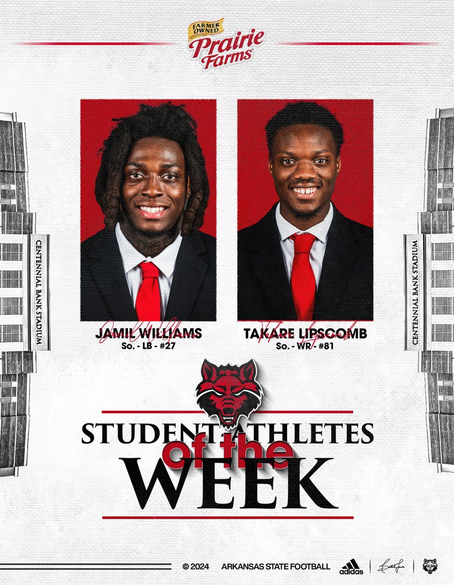 AStateFB's tweet photo. Congrats to this week's Student-Athletes of the Week, Jamil Williams and Takare Lipscomb, for setting the standard on and off the field.

#WolvesUp 🐺🤘🏻 https://t.co/Ye0v0Z6h8g