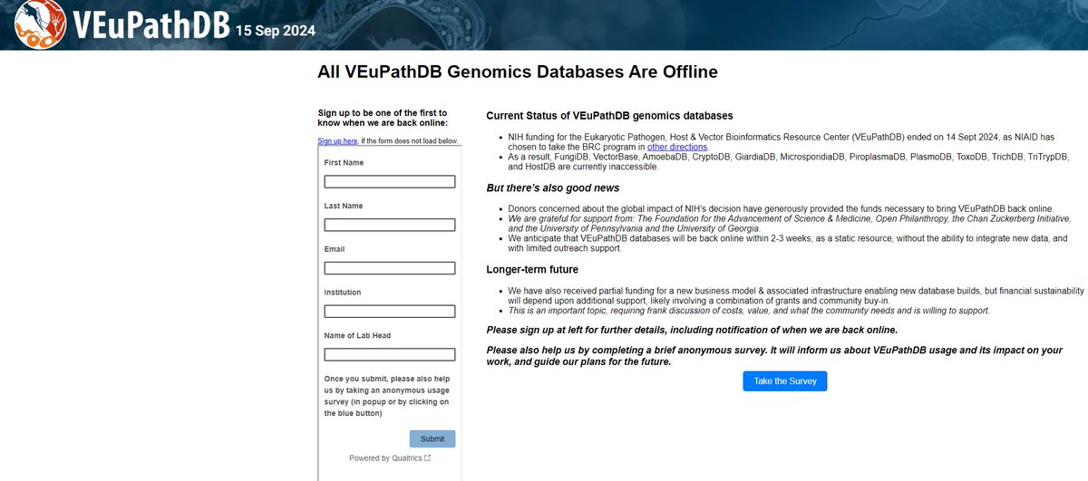 Imagine if you woke up this morning and found that the NIH-funded database that holds all of the data that you and thousands of other scientists around the world consult every day was turned off. Gone.
Despite many efforts by a community of scientists to lobby <a href="/NIH/">NIH</a> <a href="/NIHDirector/">NIH Director</a>