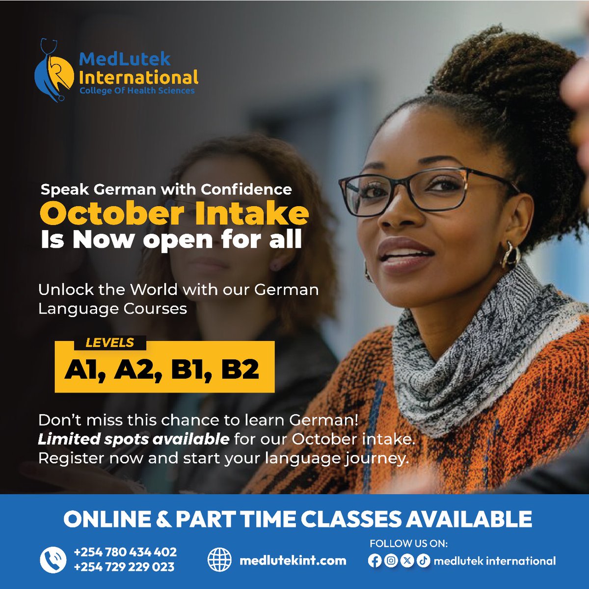 medlutek's tweet image. Ready to master the German language? 🇩🇪 Join our October intake at Medlutek and learn from the best! 

📲 Contact us:
📞 0780 434 402 or 0729 229 023

#medlutekcares #Germanlanguage #Languages