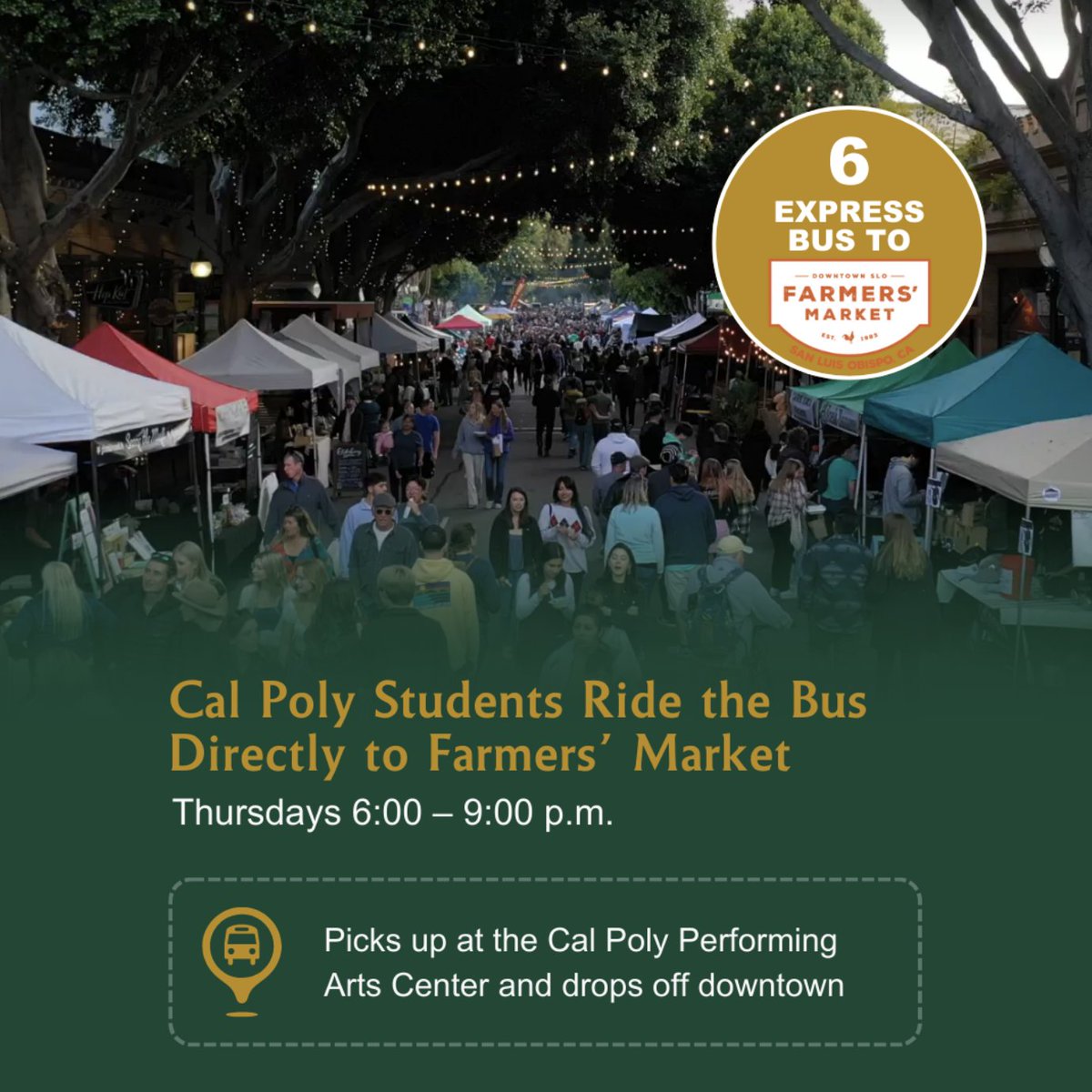 insidecalpoly's tweet photo. Hop on the 6 Express!

The direct route from Cal Poly to Downtown SLO Farmers’ Market runs Thursdays from 6 PM to 9:00 PM, starting September 19 through November 21. Catch the bus at the PAC and enjoy easy access to fresh local food and fun in downtown SLO! https://t.co/NfKznKIcOm