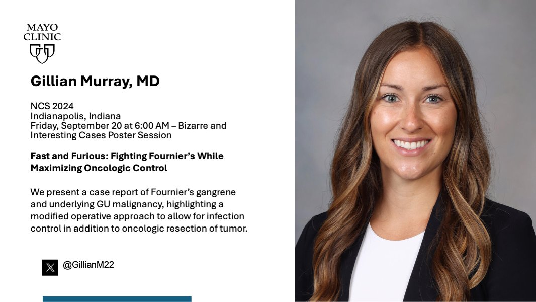 Mayo Clinic Urology (@mayourology) on Twitter photo At the 6am Bizarre & Interesting Cases Poster Session tomorrow, <a href="/GillianM22/">Gillian Murray</a> will share "Fast and Furious: Fighting Fournier's While Maximizing Oncologic Control"
#NCSAUA24
<a href="/olive_liz/">Liz Olive, MD</a> At the 6am Bizarre & Interesting Cases Poster Session tomorrow, <a href="/GillianM22/">Gillian Murray</a> will share "Fast and Furious: Fighting Fournier's While Maximizing Oncologic Control"
#NCSAUA24
<a href="/olive_liz/">Liz Olive, MD</a>