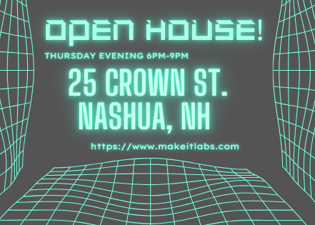 makeitlabs's tweet image. Discover the first, &amp;amp; biggest Makerspace in Nashua! Tours start at 6PM! Orientation for new members starts at 7PM and the open house runs until 9PM! Come see an amazing facility, a DIY-Paradise!

#dreamit #learnit #makeit #makeitlabs #makerspace #NH #Nashua