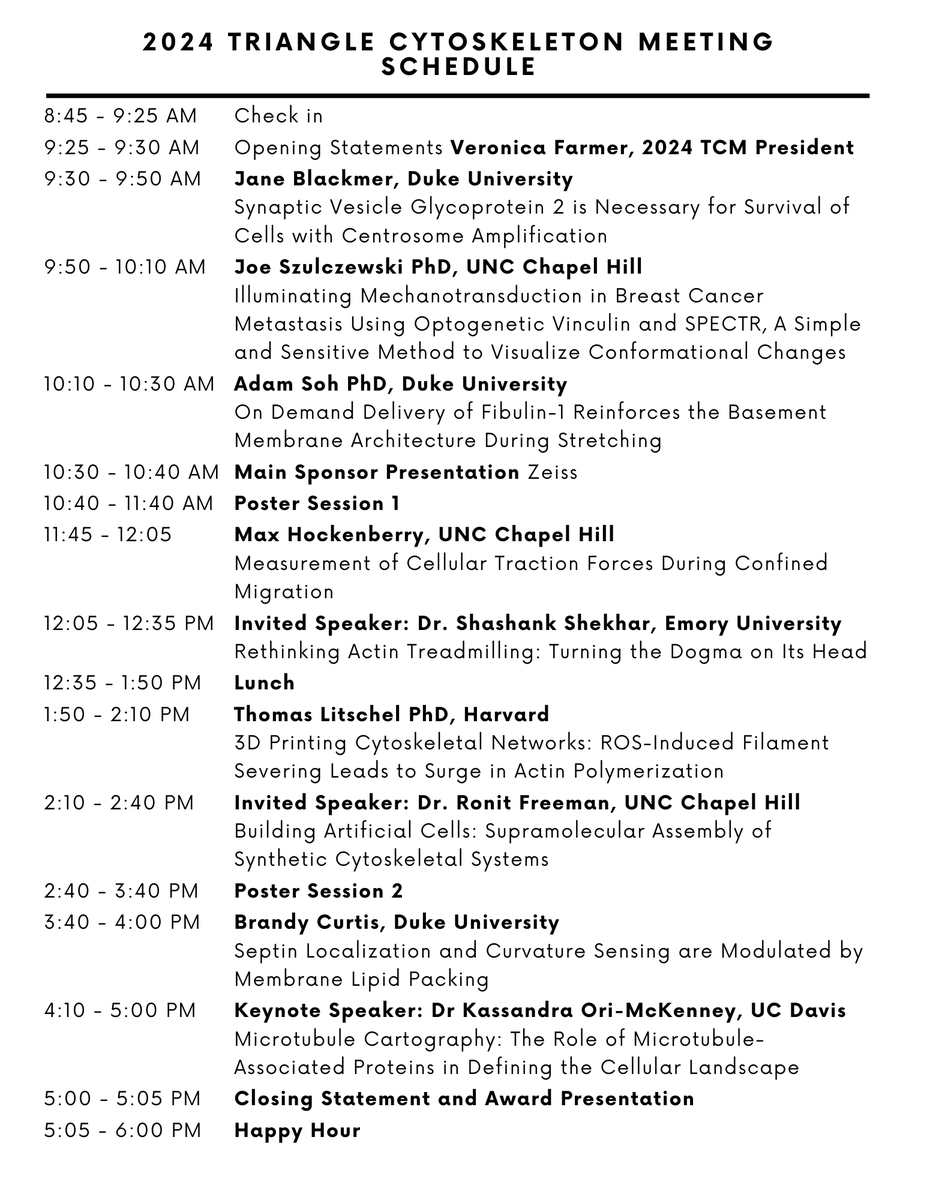 TriCytoskeleton's tweet image. Late registration for the 2024 Triangle Cytoskeleton Meeting closes tomorrow! We have a great lineup of speakers and posters this year and can't wait to see everyone this Monday, Sept 23rd @NaturalSciences (Raleigh, NC)! #TCM2024 #actin #Cytoskeleton @sshekhr @RFreeman_Lab