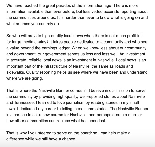 In the Banner's member newsletter, board member <a href="/michaelwhitley/">michael whitley</a> makes the case for why we need to support local news.