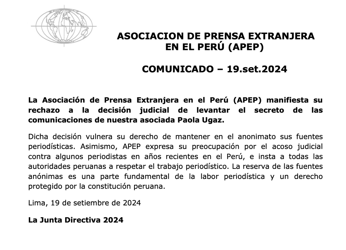 APEP manifiesta su rechazo a la decisión judicial de levantar el secreto de comunicaciones de Paola Ugaz