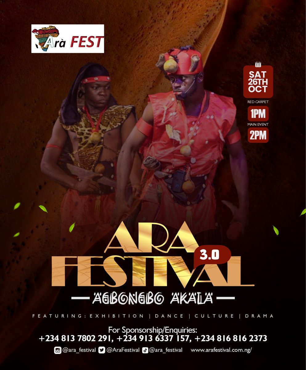 Let's come together to celebrate our rich cultural heritage and showcase incredible talents. where tradition meets talent. Join us for the grandest Cultural and Art festival in Abeokuta, Ogun State 
Date: October 26th, 2025
Follow us for updates #AraFest #LisabiAgbongboAkala