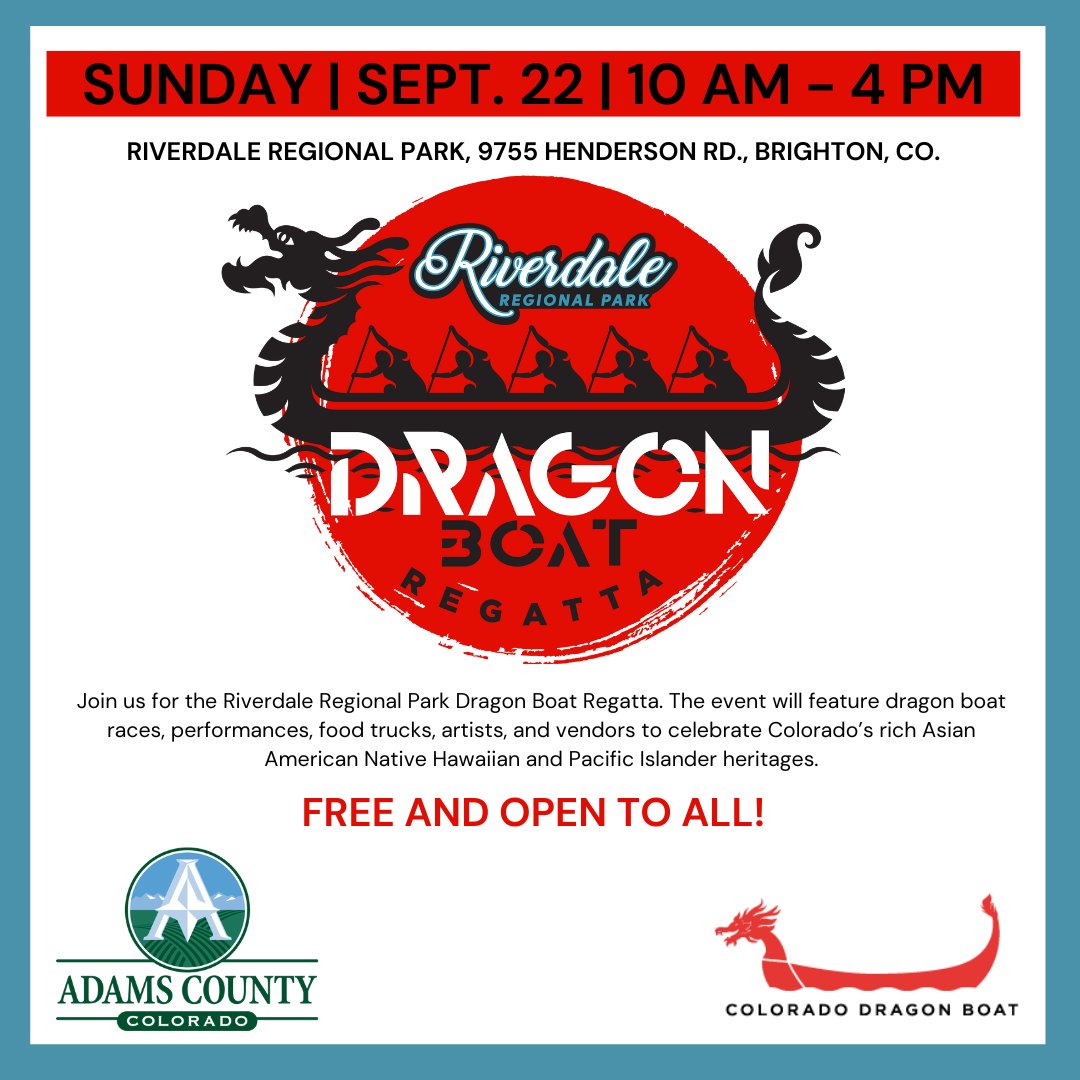 COdragonboat's tweet photo. 2024 Riverdale Regional Park Dragon Boat Regatta!
THIS SUNDAY, SEPTEMBER 22ND, 10AM - 4PM, with races starting at 8AM (races will take place all day!)
WHERE: RIVERDARLE REGIONAL PARK
9755 Henderson Rd, Brighton, CO 80601
Parking: Parking Onsite!
More info: https://t.co/8tMOqlnYKm https://t.co/0RMehEXWen