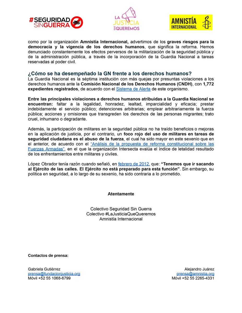 📢 #Comunicado 
La reforma constitucional que está por votarse incluye aspectos graves y de altos riesgos  para los derechos humanos de la ciudadanía 👇