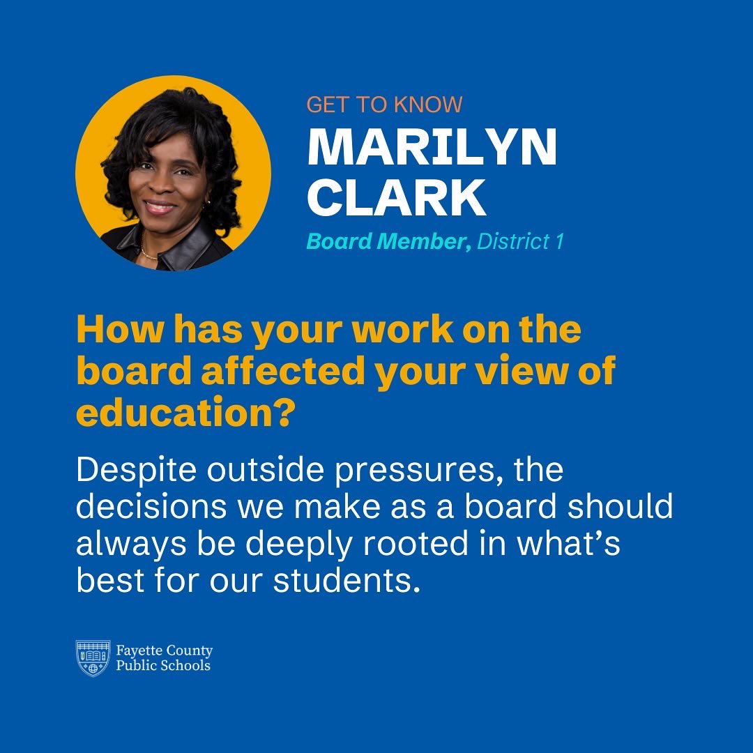 🎒 Get to know Fayette County Board of Education District 1 Representative Marilyn Clark!

💭 Looking for more? Read Clark's full response at fcps.net/post-details/~…