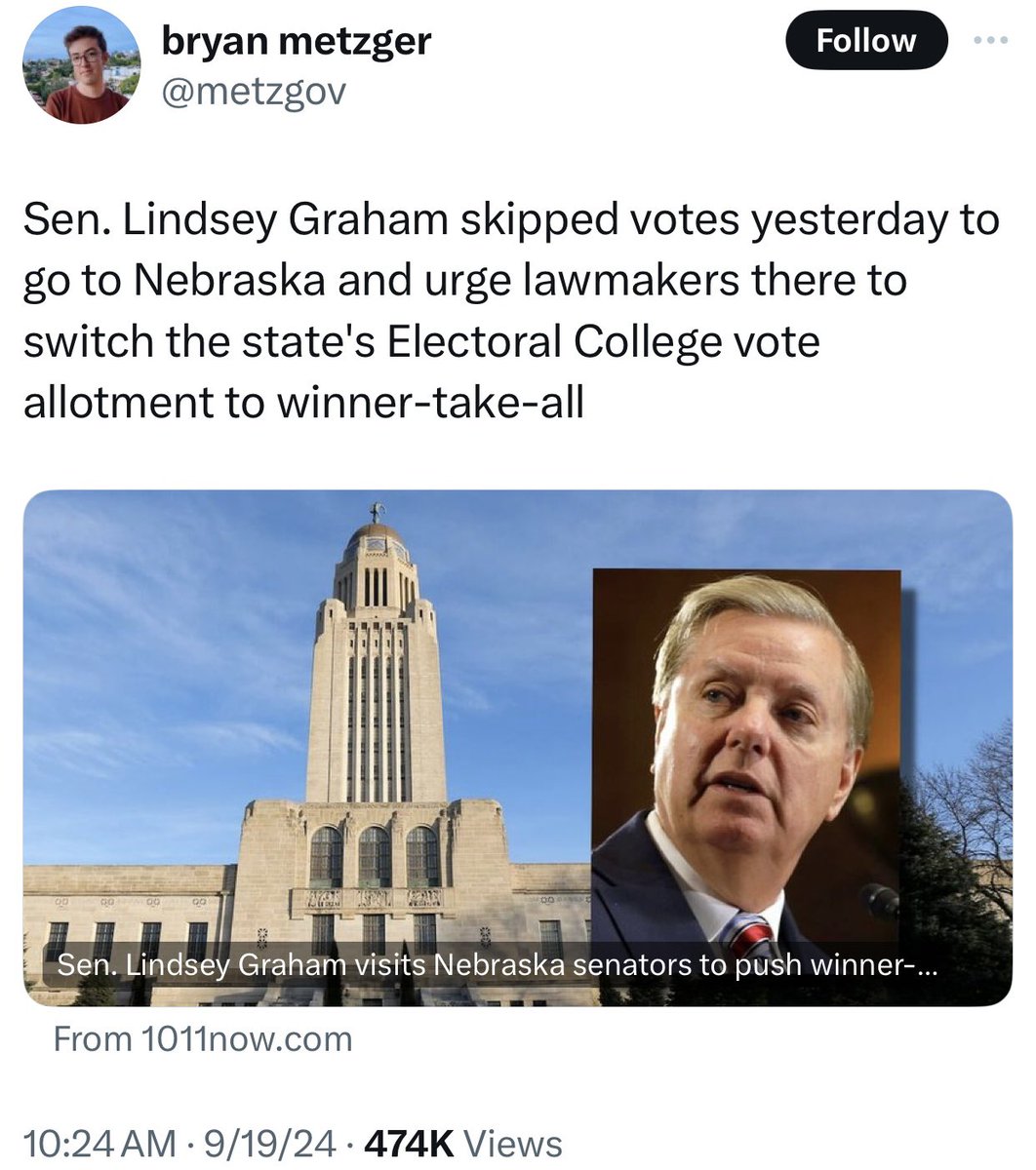 Remember when Lindsey Graham tried to overturn the election results in GA after Biden won in 2020 - in lockstep with Donald Trump - and nothing happened to him? 

Well he didn’t do his Senator job yesterday &amp; instead flew to Nebraska urging Republicans to change the law for Trump