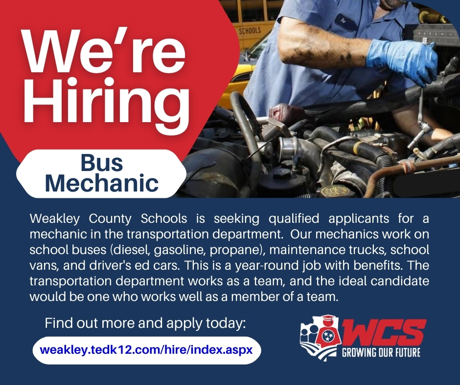 Are you ready for a dynamic role with a supportive team? We're hiring a mechanic in the Transportation Department! Great benefits and the chance to make a real impact. If you're a team player looking for your next opportunity, apply today! weakley.tedk12.com/hire/index.aspx