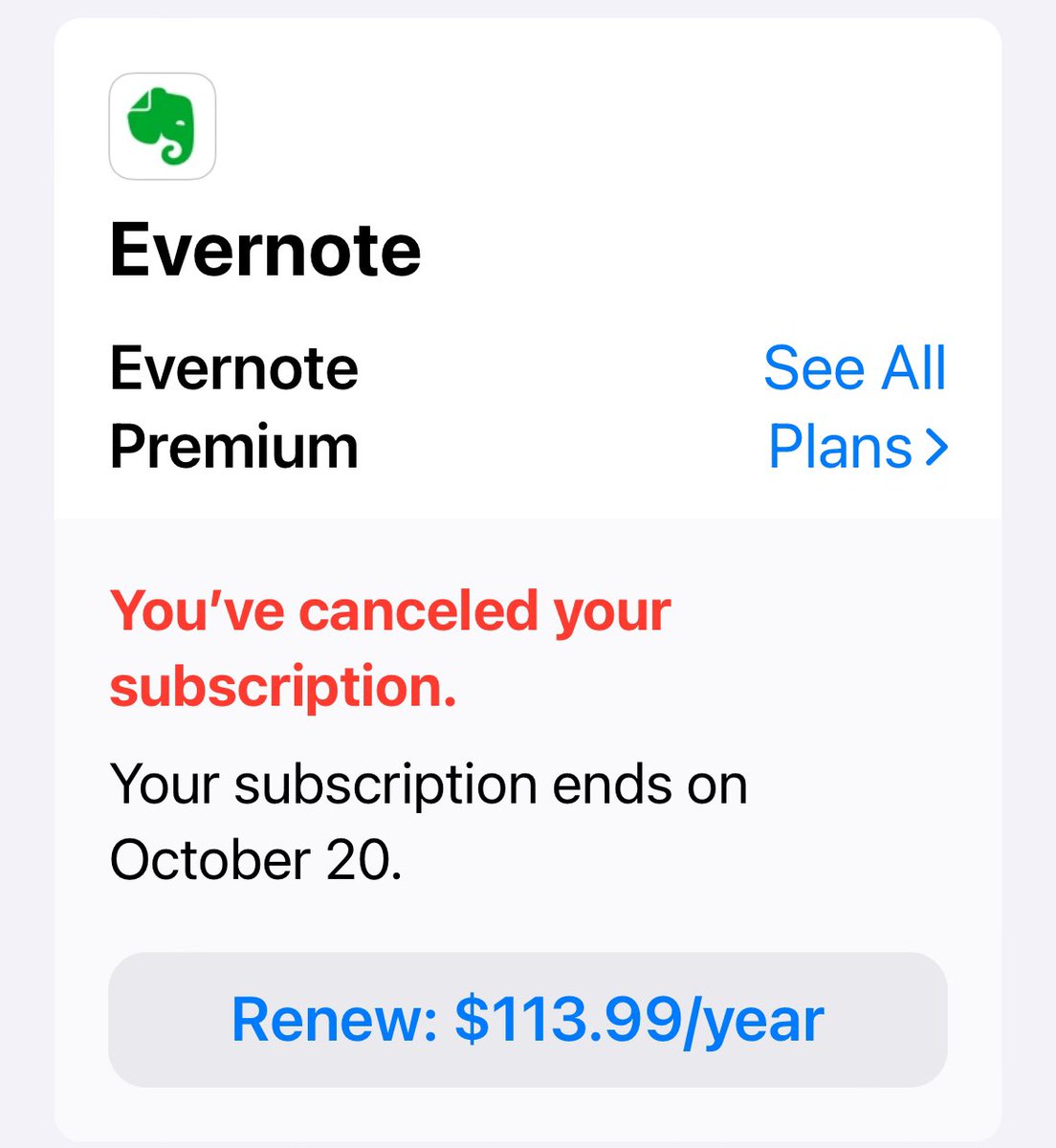 And my longest running iPhone subscription is now cancelled. <a href="/evernote/">Evernote</a> should have fixed the bugs before doubling the price. #RIP