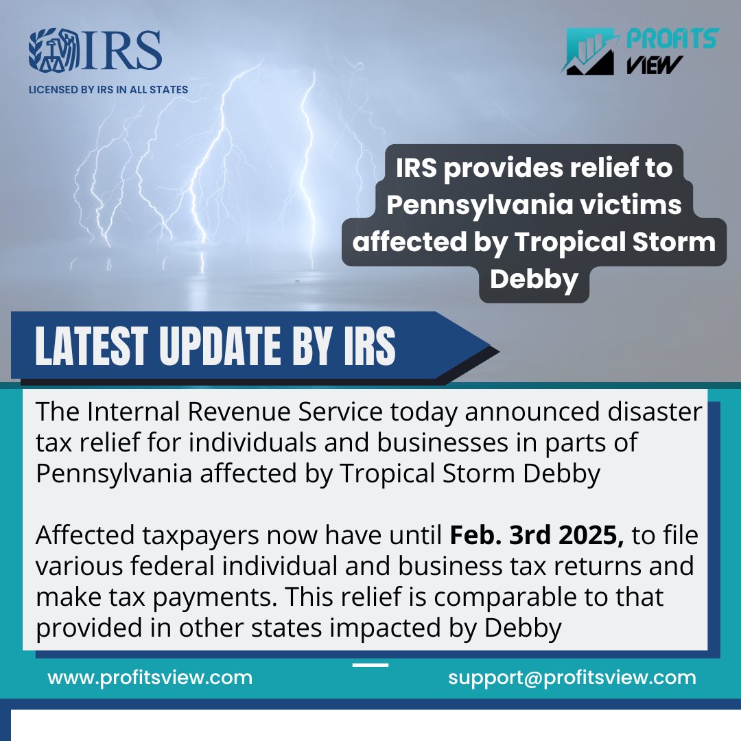 Profitsview009's tweet photo. 🌪️ IRS Disaster Relief for Pennsylvania 📅

Good news for those affected by Tropical Storm Debby in Pennsylvania! You now have until February 3, 2025, to file federal tax returns and make payments.🗂️

#IRS #DisasterRelief #TaxRelief #Pennsylvania #TropicalStormDebby https://t.co/MN5jBEgY1y