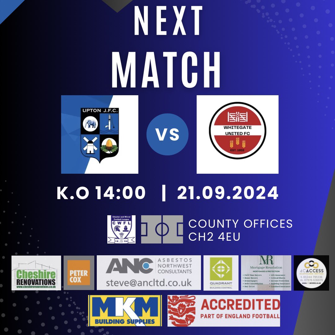 🔵⚫️⚪️

Upton JFC 1st vs <a href="/CheadleNomads/">Cheadle Heath Nomads</a> Reserves

<a href="/Moreton118891/">Moreton Football Club Mens 1</a> vs Upton JFC Reserves

Upton JFC 3rds vs <a href="/WhitegateUnited/">Whitegate United</a> 

<a href="/CheshireThe/">The Cheshire</a> 
<a href="/CWFL_Press/">@CWFL-Press</a> 
<a href="/CheshireFL/">Cheshire Football League ⚽️</a> 

Up The Blues 🔵⚽️