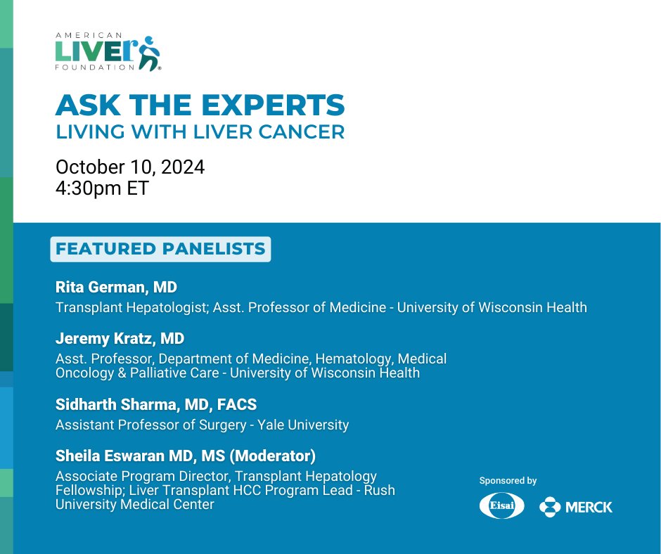 Sheila Eswaran, MD, MS, Rush University Medical Center, will be moderating Ask the Experts: Living with Liver Cancer on October 10. Register for free here: alf.social/ATELC24