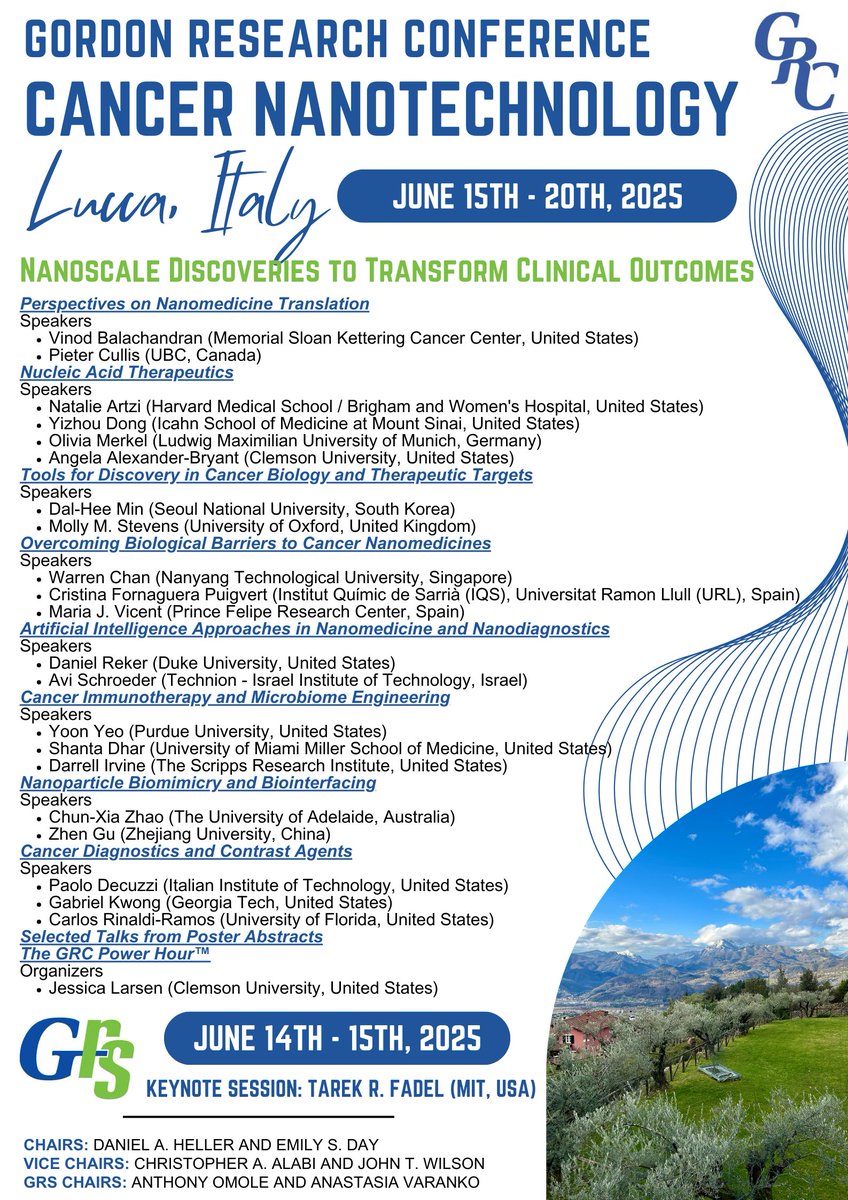 🎙️*Ahem ahem* We are very excited to announce the 2025 Cancer Nanotechnology GRC/GRS program! Please visit grc.org/cancer-nanotec… for more information and to apply! We hope to see you there or as they say "Speriamo di vederti lì" 🍷🇮🇹 <a href="/Dan_A_Heller/">Daniel Heller</a> <a href="/TheDayLab/">Emily Day</a>