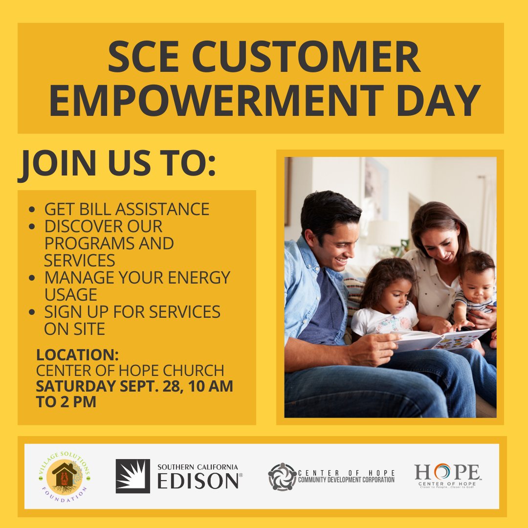 🌟 Join us for Customer EmPOWERment Day! 🌟
Empower yourself with resources to manage your energy needs during PSPS and emergencies. Bring your bill for direct assistance!
📍 Center of Hope Church, Inglewood, CA
📅 Sep. 28, 2024
🕘 10 a.m. - 2 p.m.
#Empowerment <a href="/centerofhopela/">CENTER OF HOPE LA</a>