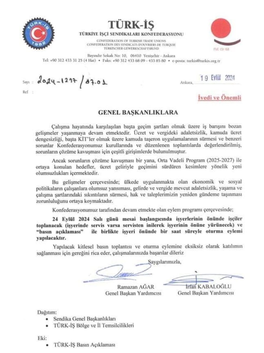 Türk-İşkonfederasyonumuz Genel Merkezi

'24 Eylül Salı günü sabah mesai başlangıcında İşyerleri önünde toplanılıp 1 saat oturma eylemi ve basın açıklaması yapacağını duyurdu.!'
<a href="/turkiskonf/">TÜRK-İŞ</a> 
<a href="/Guvenlik_is/">Güvenlik-İş Sendikası</a>
