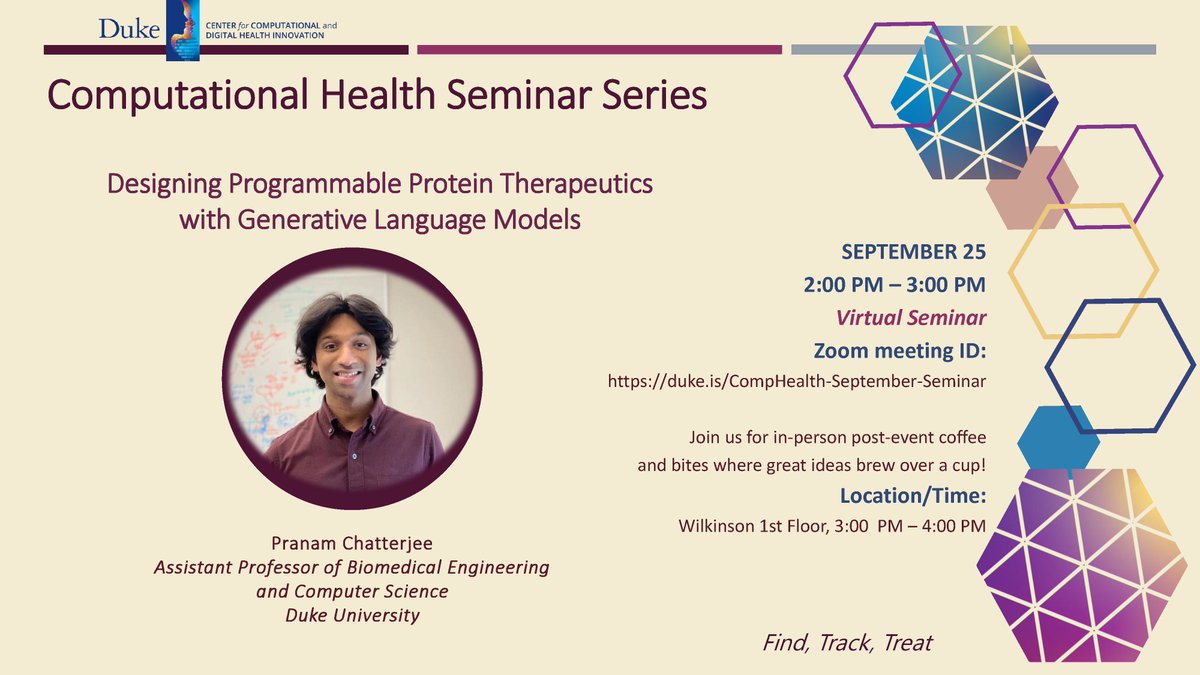 Randles Lab (@randleslab) on Twitter photo Interested in how #LLMs are used in #health? I'm so excited to have <a href="/pranamanam/">Pranam Chatterjee</a> giving the first virtual seminar of the semester in the <a href="/DukeEngineering/">Duke Engineering</a> Computational Health Seminar Series. Anyone can join in remotely to learn more about his innovative approach! Interested in how #LLMs are used in #health? I'm so excited to have <a href="/pranamanam/">Pranam Chatterjee</a> giving the first virtual seminar of the semester in the <a href="/DukeEngineering/">Duke Engineering</a> Computational Health Seminar Series. Anyone can join in remotely to learn more about his innovative approach!
