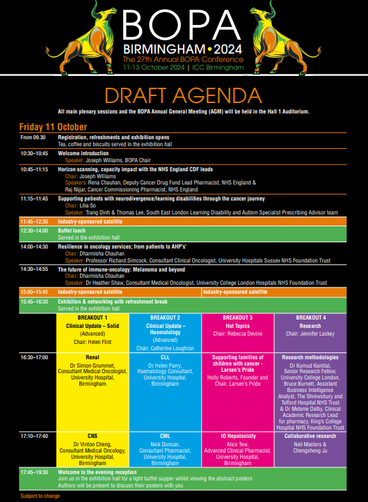 BOPACommittee's tweet photo. #BOPA2024 starts 3 weeks tomorrow &amp; we have a packed agenda!
Lots of #clinical updates (solid tumour &amp; haematology) #research streams #PharmacyTechnician stream, hot topics &amp; more! 
Check out our agenda to find out more &amp; to register - there is still time!
https://t.co/FGLEY4R0er https://t.co/uOGQp1wYNH