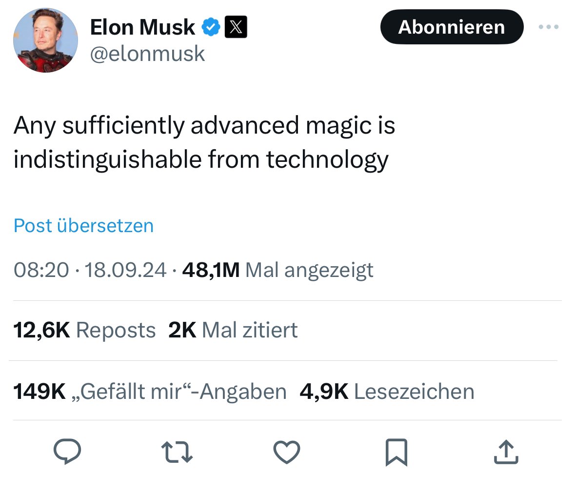 ElrondEli1's tweet photo. Did any of you see this?
@beniaminmincu reposts Elon's post using the words "indistinguishable from magic" a day later Elon posts "indistinguishable from technology". 
I might be dreaming but maybe Elon knows about Beni and MultiversX now. 
Elon X Beni a match made in heaven. https://t.co/X7PVKJZN6y