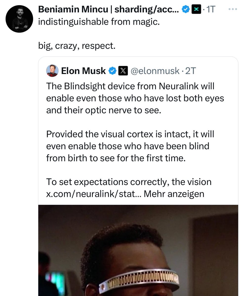 ElrondEli1's tweet photo. Did any of you see this?
@beniaminmincu reposts Elon's post using the words "indistinguishable from magic" a day later Elon posts "indistinguishable from technology". 
I might be dreaming but maybe Elon knows about Beni and MultiversX now. 
Elon X Beni a match made in heaven. https://t.co/X7PVKJZN6y
