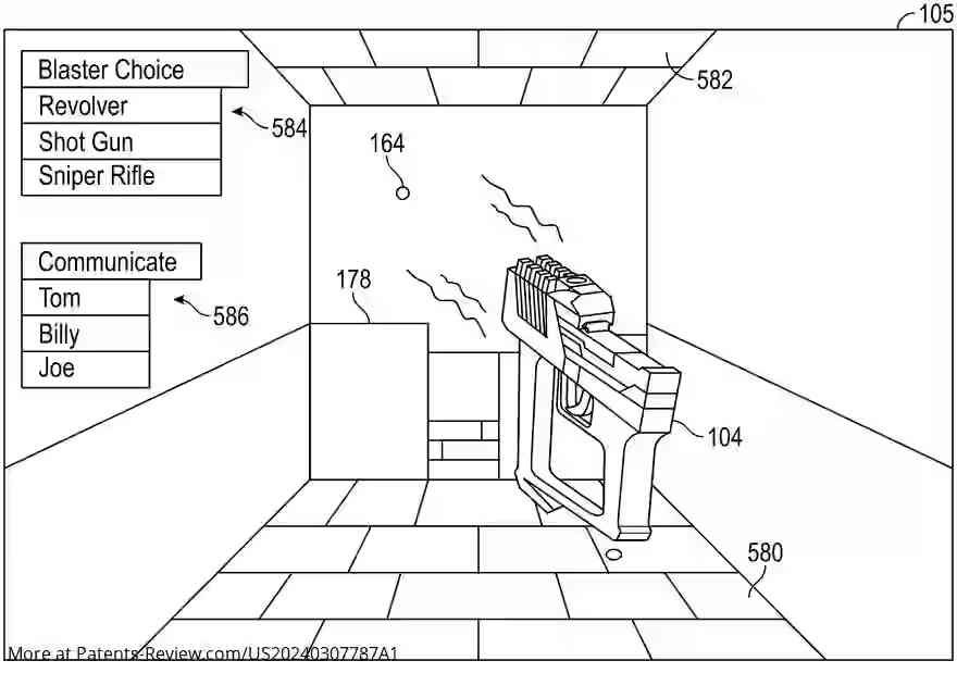 PatentPulse's tweet photo. New patent appl. #US20240307787A1 by #GelBlaster introduces a #SmartTarget co-witnessing hit attribution system for #ExtendedReality gaming. It integrates a projectile-firing device, battlefield objects, and an XR device with computer-aided vision for immersive gameplay https://t.co/qUdWhaKfRX