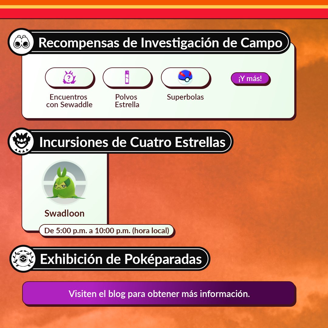 PokemonGoAppLA's tweet photo. Sewaddle, el Pokémon Sastre, aparecerá con más frecuencia durante el #PokemonGOCommunityDay del 5 de octubre, de 2:00 p.m. a 5:00 p.m. (Hora local). 🍃

https://t.co/K97yV8g2CM https://t.co/FddH1mKteK