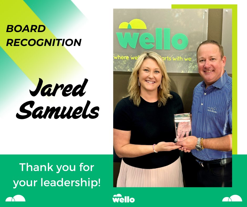 Today, Rachael Cochart of Hospital Sisters Health System was recognized for her term as President of the Wello Board of Directors! Jared Samuels of <a href="/UHC/">UnitedHealthcare</a> was recognized for his five years of service as a board member (and many more as a volunteer)! Thank you for your leadership!