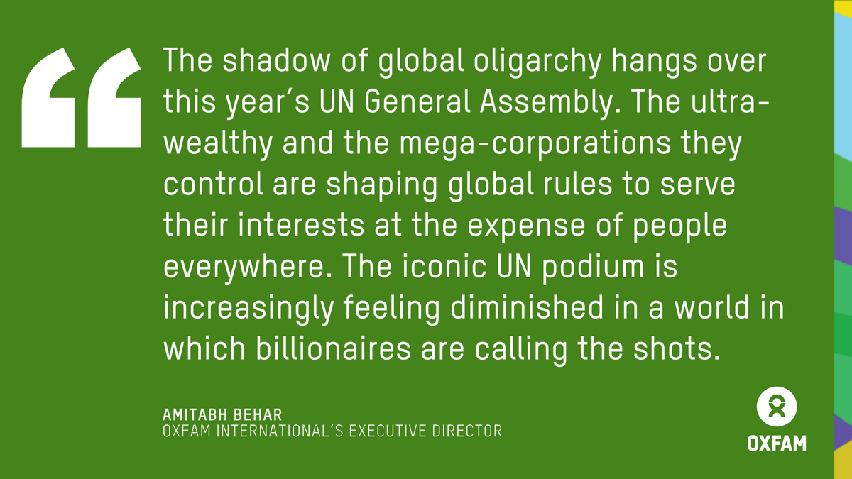 PRESS RELEASE: World’s top 1% own more wealth than 95% of humanity, as “the shadow of global oligarchy hangs over <a href="/UN/">United Nations</a> General Assembly,” says <a href="/Oxfam/">Oxfam International</a>. 

oxf.am/GlobalOligarchy