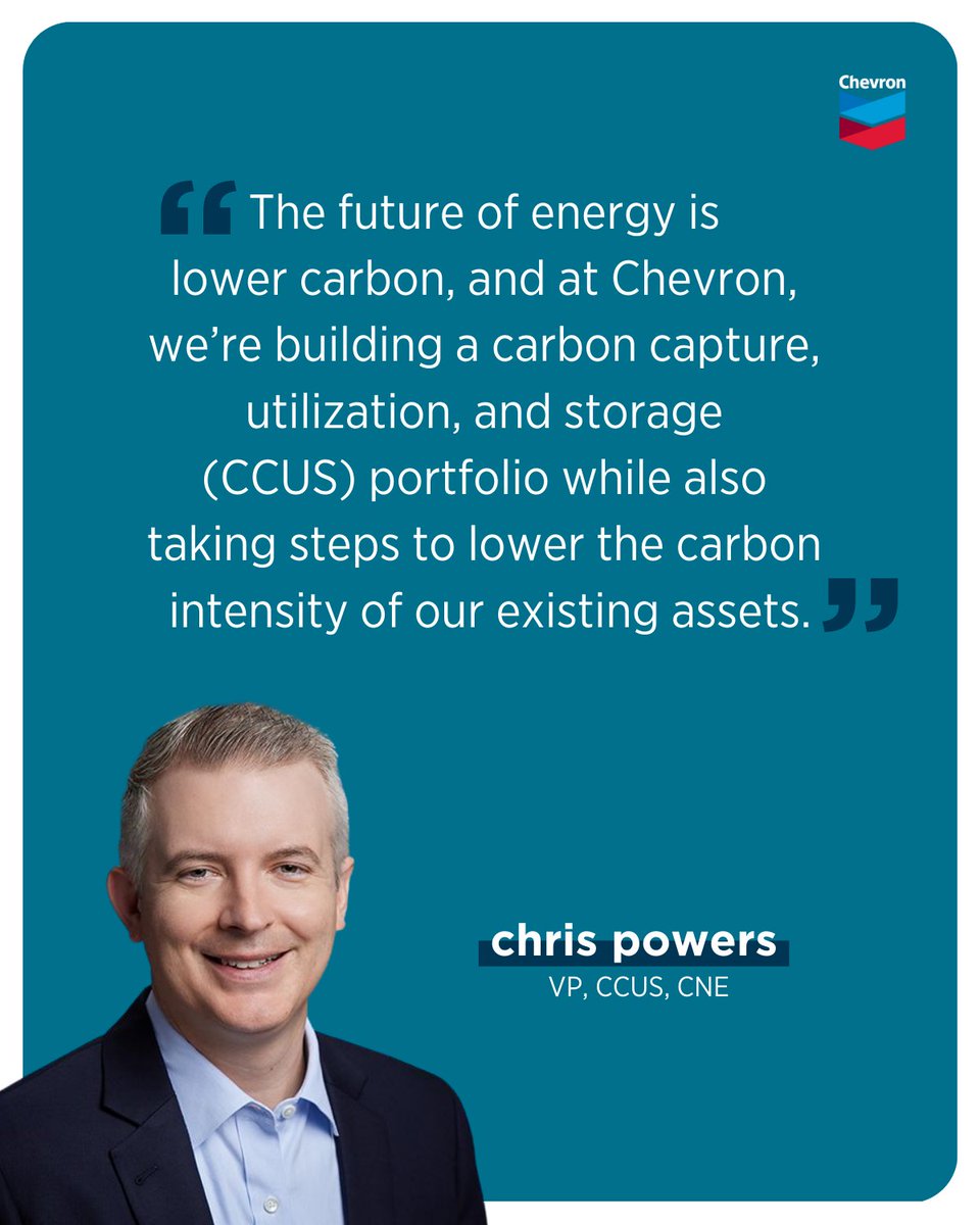 Chevron's tweet image. At @GastechEvent 2024, our leaders are discussing the global energy landscape, and how we are meeting increasing energy demand. See what Chris Powers, our VP of Carbon Capture, Utilization, and Storage, had to say below. 👇 Learn more here: chevron.co/gastech-2024-t… #Gastech