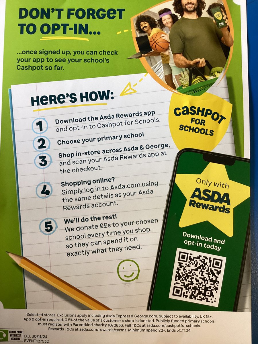If you shop at ASDA parents can you please download the ASDA Rewards App and opt into Cashpot for Schools and add our school. ASDA will donate ££s to our school every time you shop. Thank you