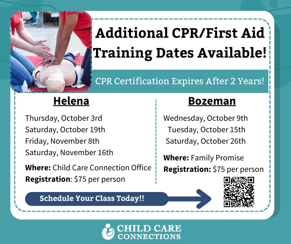 📢 ATTENTION Child Care Providers 📢 We’ve opened more spots for CPR &amp; First Aid training! Certifications last 2 years—make sure you're all set before yours expires.

Bozeman: loom.ly/6LEZYEE
Helena: loom.ly/iCMn6HE