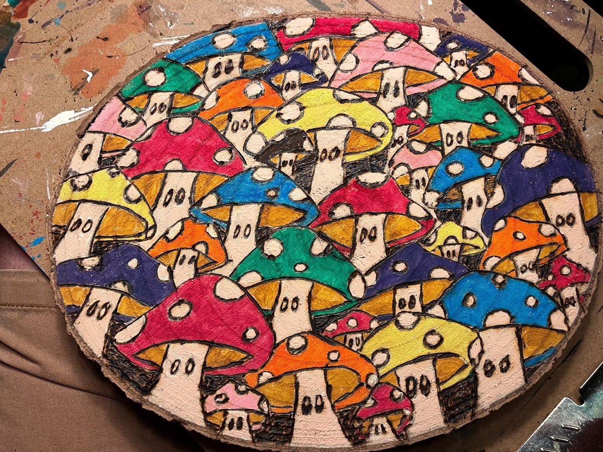 longtallbrett's tweet image. - Not Mushroom Here - 
What started as a doodle during a long telephone chat is now my latest piece of #pyrographyart