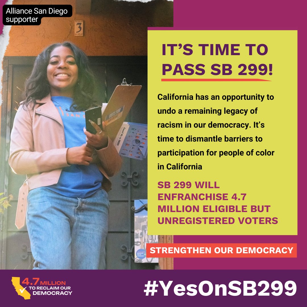 Governor <a href="/GavinNewsom/">Gavin Newsom</a> SB 299 will enfranchise 4.7 million Californians. Will you sign SB 299 to reclaim our democracy? #YesOnSB299