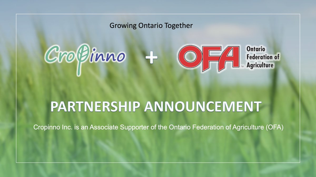 CropinnoCo's tweet image. 🌱 Exciting Partnership Announcement!
We are proud to announce a strategic #partnership between @CropinnoCo and @OntarioFarms Ontario Federation of Agriculture (OFA), the largest general farm organization in Ontario, representing 38,000 farm family members across the province.