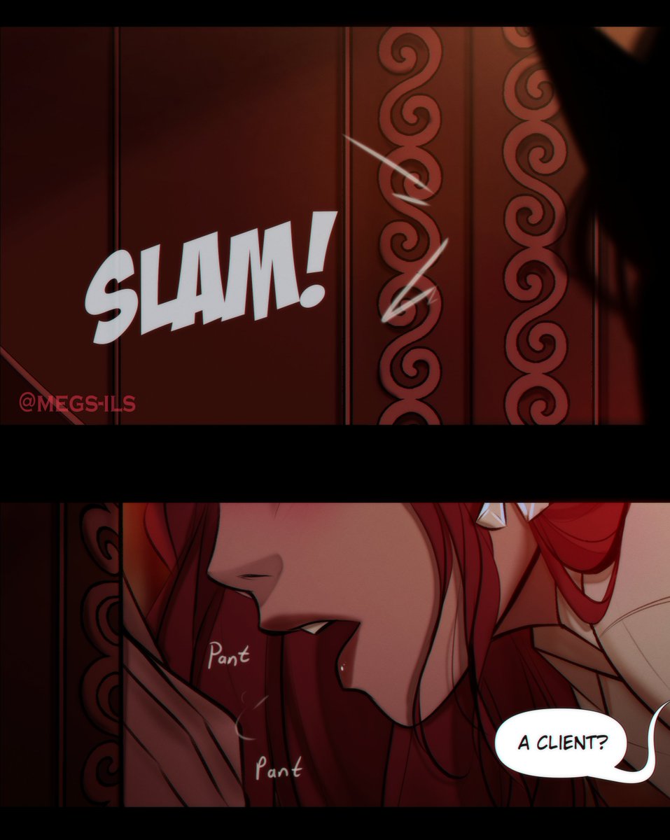 "The client"
Had this fun idea with Barra and Rona the rest is up on my Patreon!

Quick note this short comic is on the spicy side 🌶

#goldenfield #ttrpg #ocart #comic