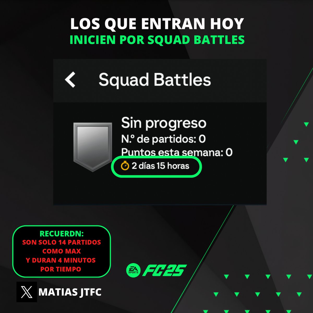 JTFCMatias's tweet photo. 📝- Consejo: 👇

- Para los que arrancan "en unas horas" con la Edición Ultimate o con EA Play, les recomiendo arrancar con Squad Battles, en 2 Dias ya tenemos las Primeras Recompensas

- 14 Partidos Maximo📷
- Duración 4 Minutos por Tiempo

#eafc25 #FC25 https://t.co/YHlpd1lPL8