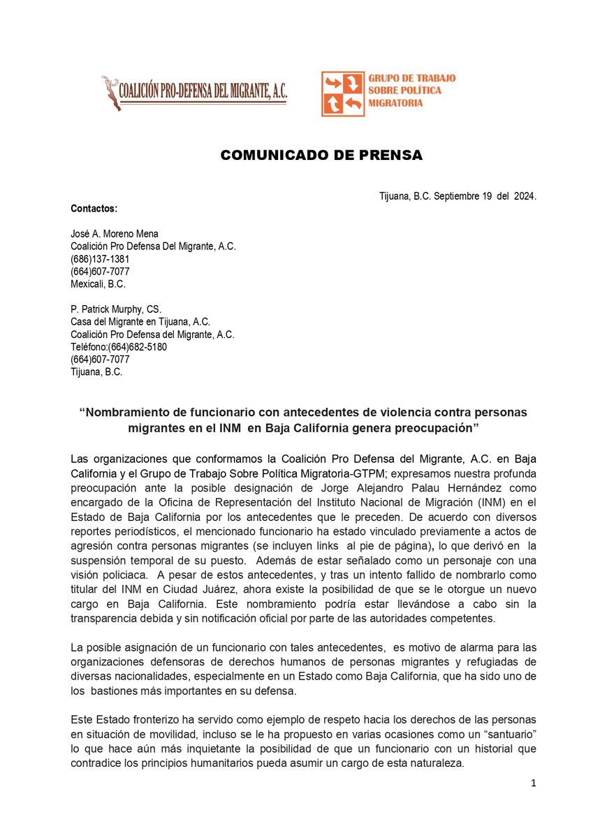GTPM_MX's tweet photo. 📢#Comunicado| Distintas organizaciones de la Sociedad Civil expresan preocupación frente a la posible designación de Jorge Alejandro Palau Hernández como encargado de la Oficina de Representación del Instituto Nacional de Migración en Baja California.
📲 https://t.co/5rFwvGlOMD https://t.co/JoIfKgL4aj