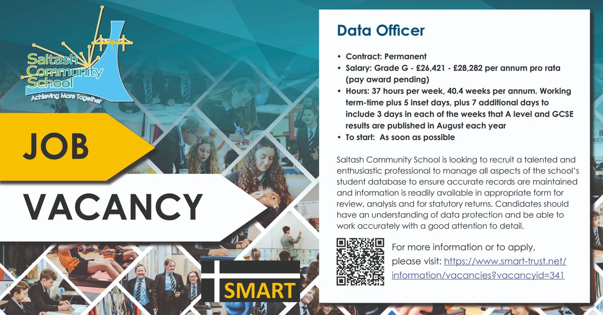 MATpraise's tweet image. 🚨 Job Opportunity: Data Officer

Saltash Community School is hiring! Are you great with data, detail-oriented, and know data protection?

💼 Salary: £26,421-£28,282 (pro rata) ⏰ 37 hrs/week, term-time + extra days

Apply now: smart-trust.net/information/va…
#DataOfficer #HiringNow