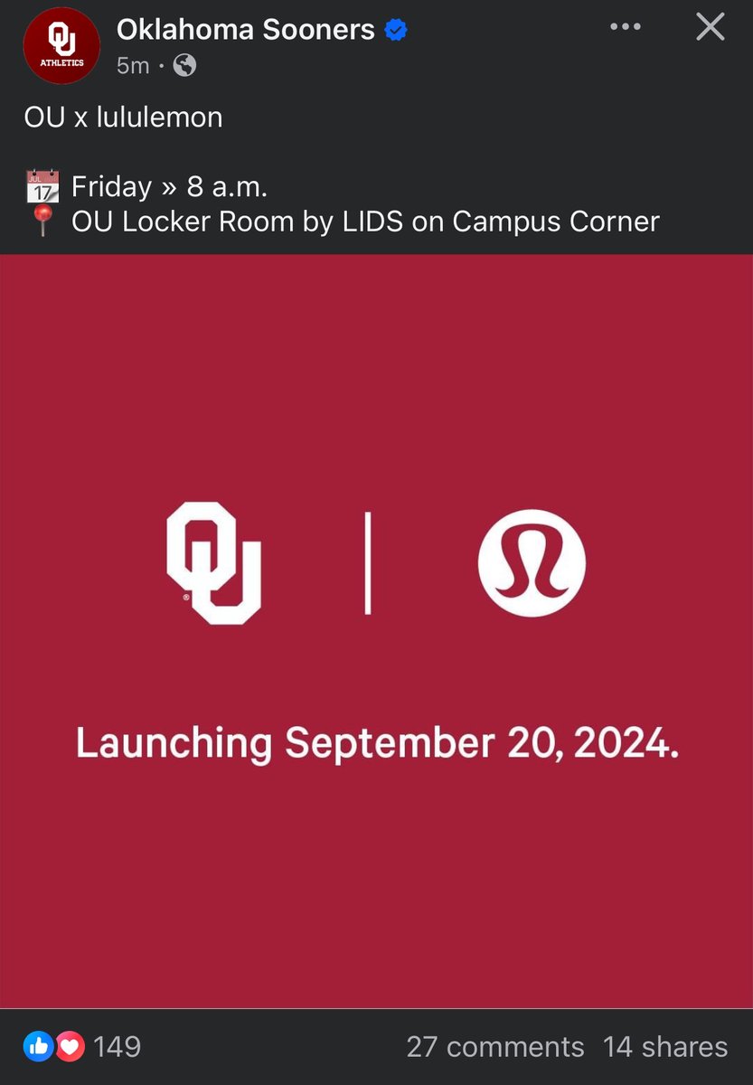 Lululemon Drop Tomorrow 8 Am! In Store Only! First 100 Customers Receive a FREE Gift with Lulu Purchase! #OKLAHOMALOCKERROOM
#LIDS #BOOMER #SOONER #CAMPUSCORNER